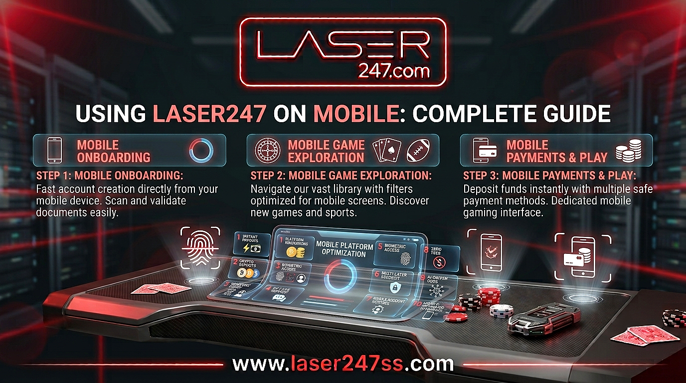 Laser247 mobile guide showing app access, secure login, mobile-friendly navigation, account management, and platform features.