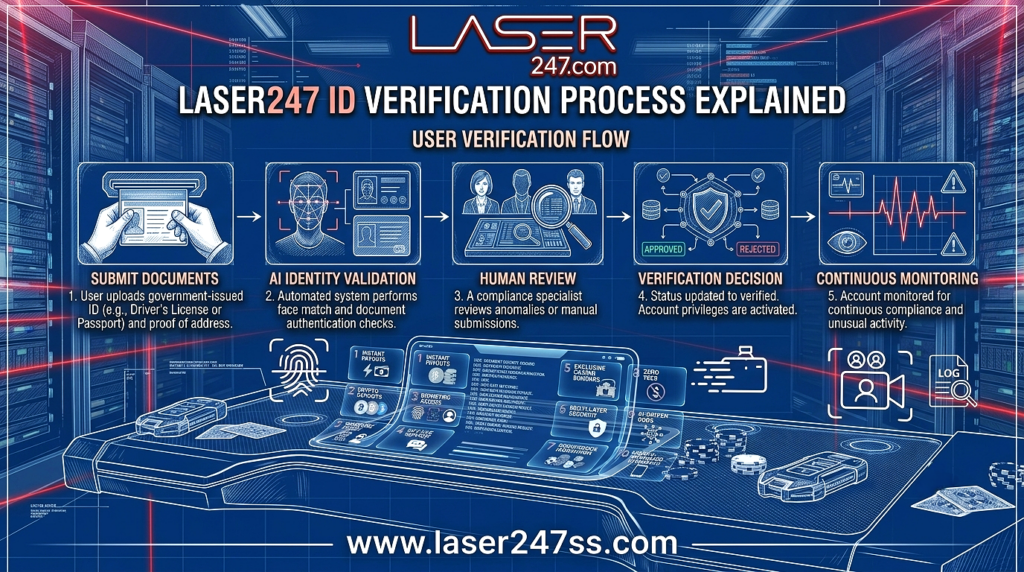 Laser247 ID verification process showing KYC verification, document submission, OTP authentication, and secure account approval.