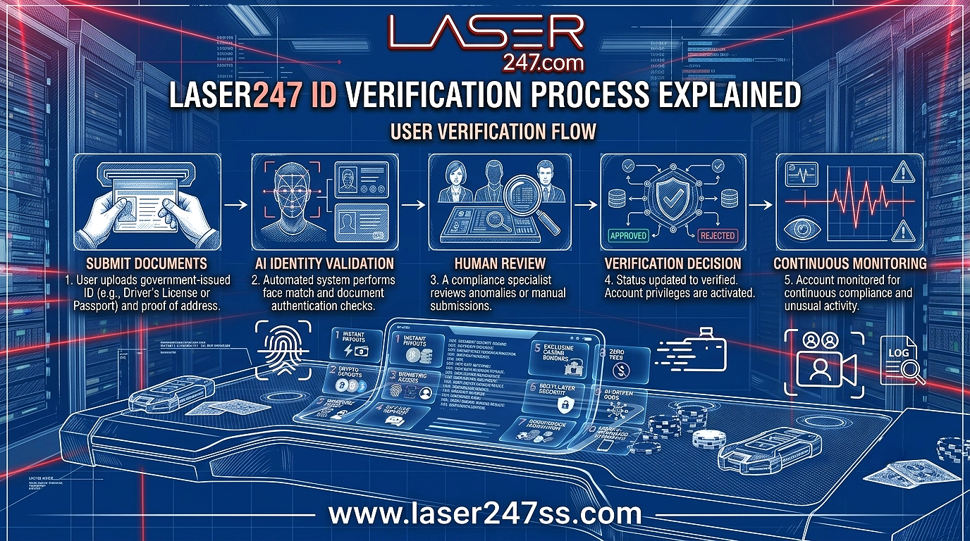Laser247 ID verification process showing KYC verification, document submission, OTP authentication, and secure account approval.