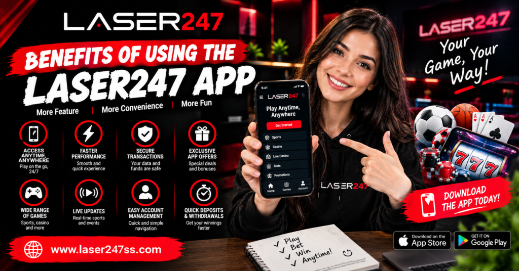 Benefits of using the Laser247 app explained with mobile access, account management, convenience, and user-friendly features.