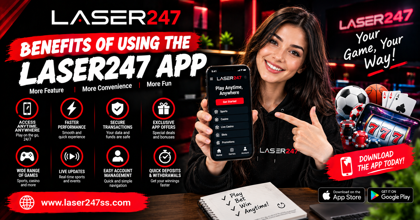 Benefits of using the Laser247 app explained with mobile access, account management, convenience, and user-friendly features.