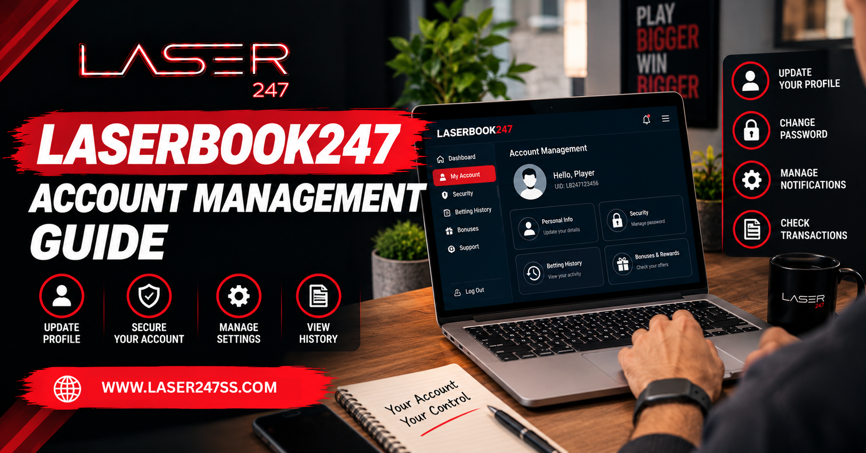 Laserbook247 account management guide explaining account settings, secure access, profile management, and user experience.