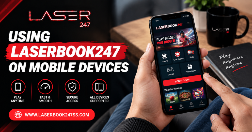 Laserbook247 mobile guide showing smartphone access, mobile navigation, platform features, and user-friendly experience.