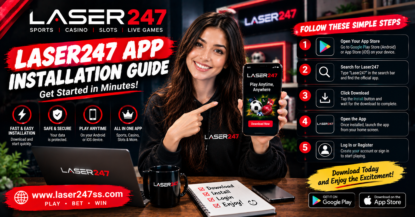 Laser247 app installation guide explaining Android setup, iPhone access, login steps, app security, and troubleshooting tips.